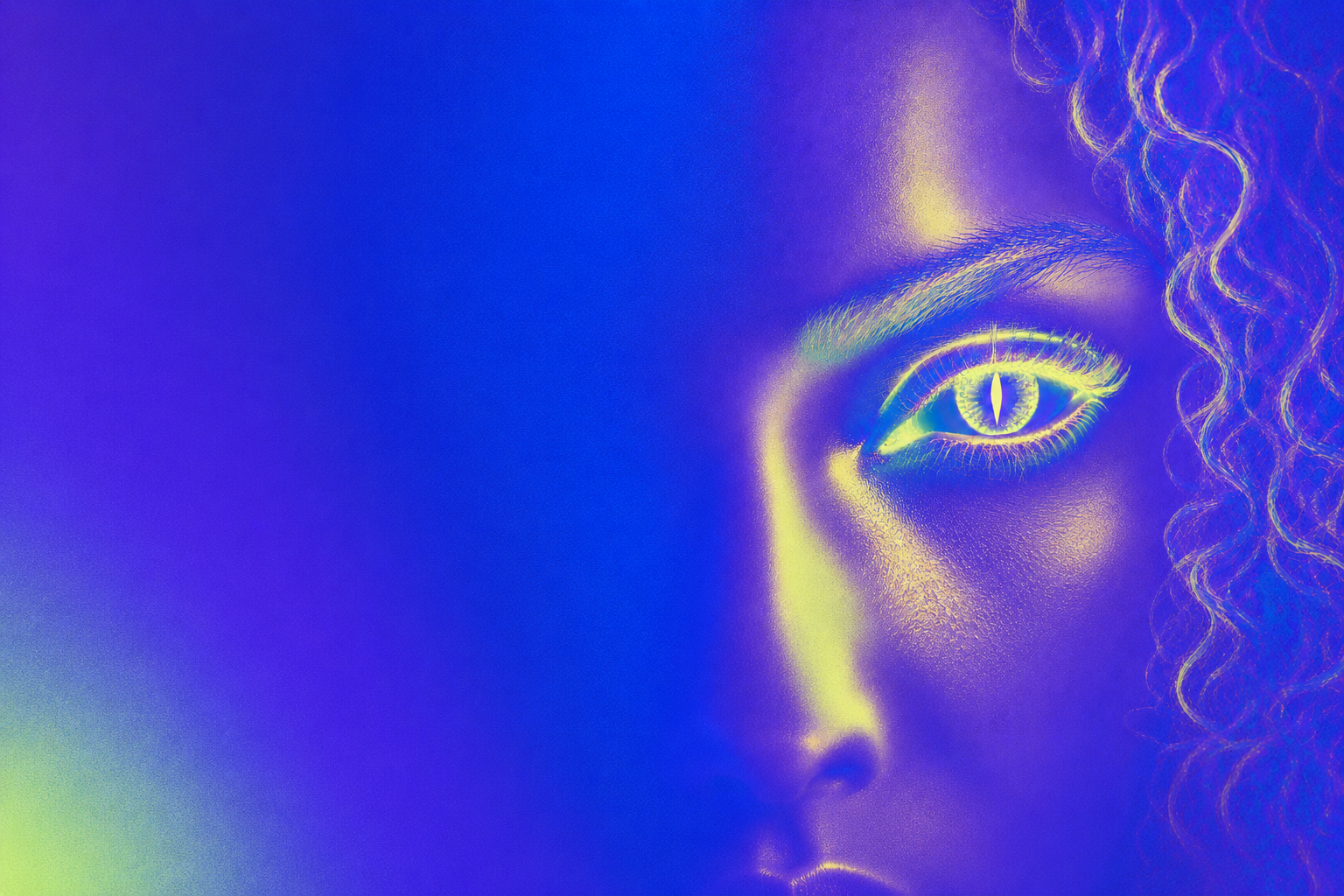 Visage néon aux yeux lumineux émergeant de l'ombre bleutée — la Meute guette dans la nuit